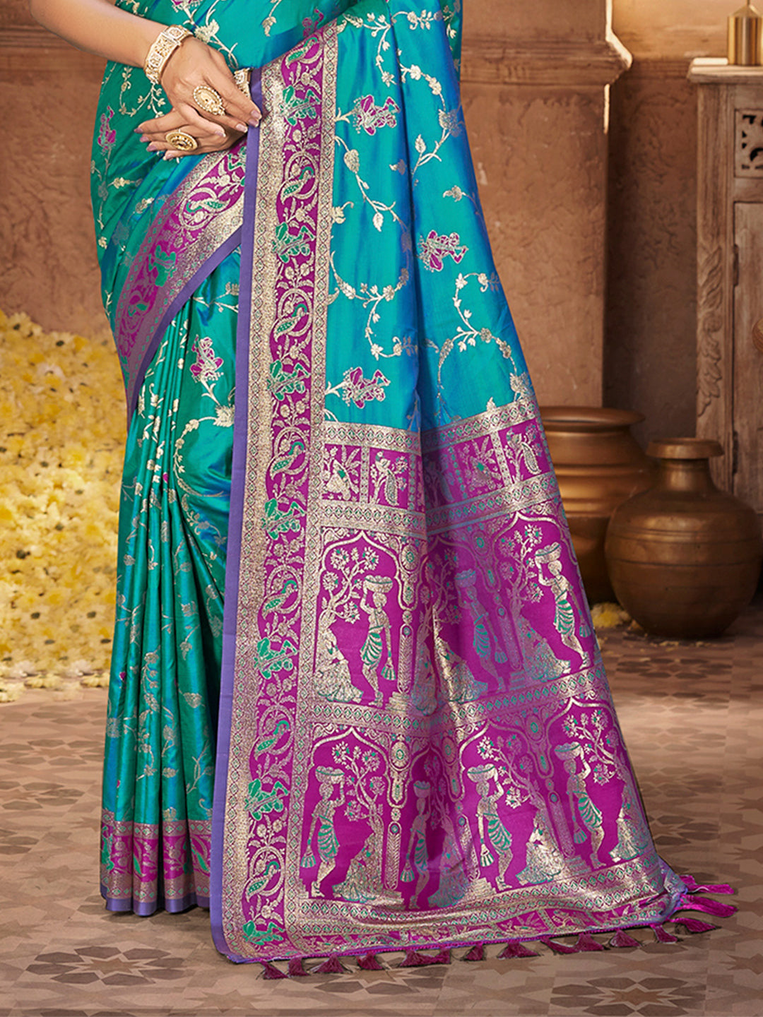 Sangam Prints Teal Blue Silk Woven Work Traditional Saree