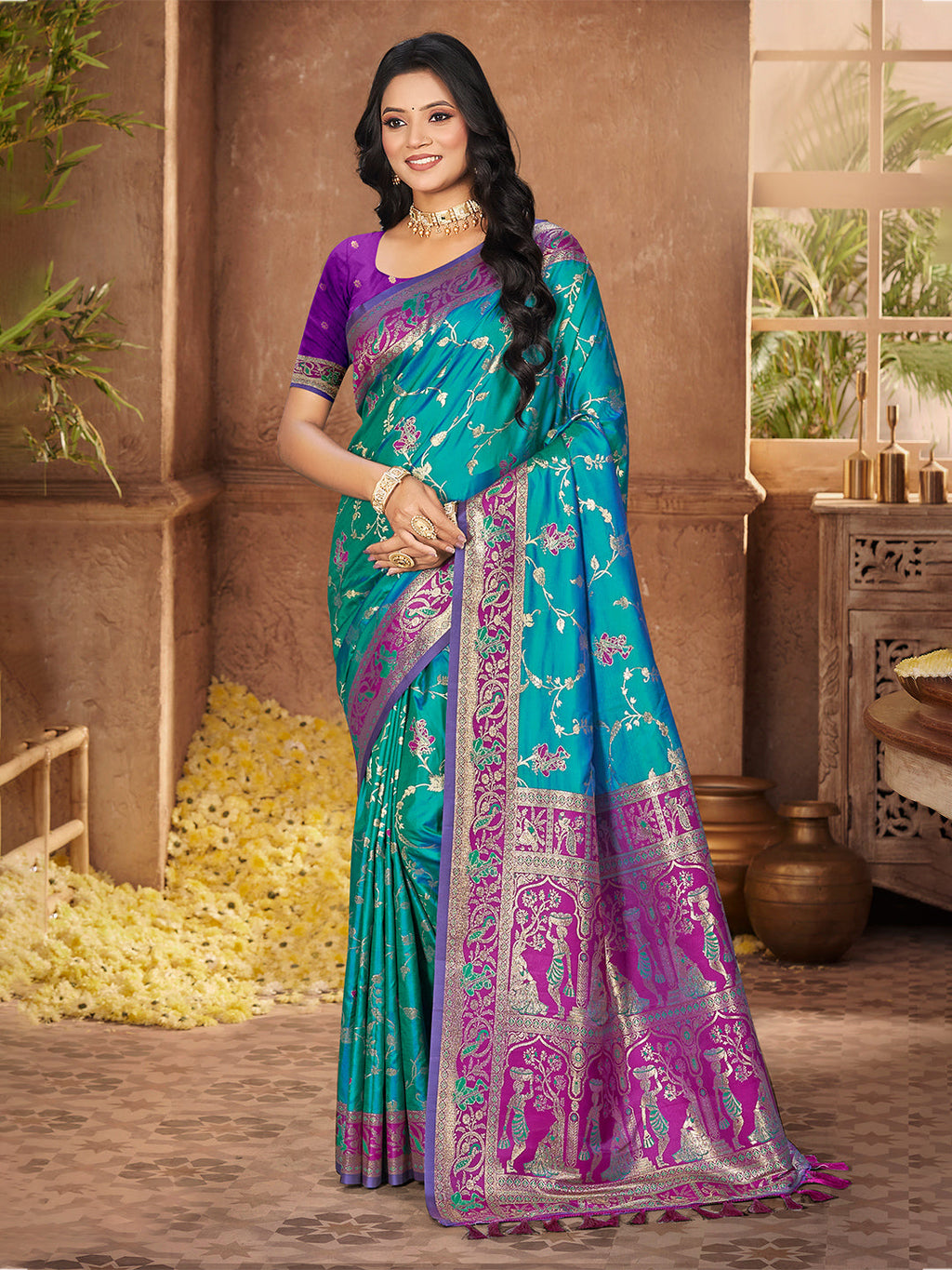 Sangam Prints Teal Blue Silk Woven Work Traditional Saree