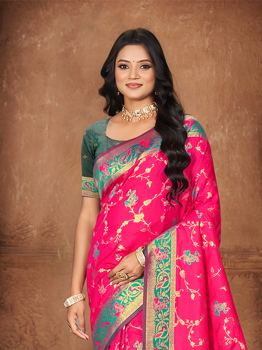 Sangam Prints Rani Pink Silk Woven Work Traditional Saree