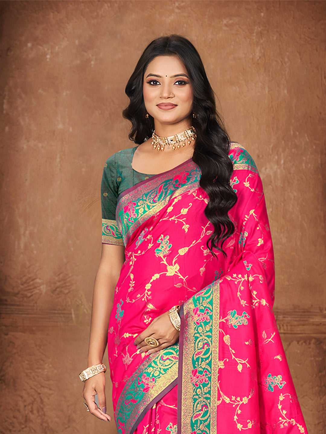 Sangam Prints Rani Pink Silk Woven Work Traditional Saree