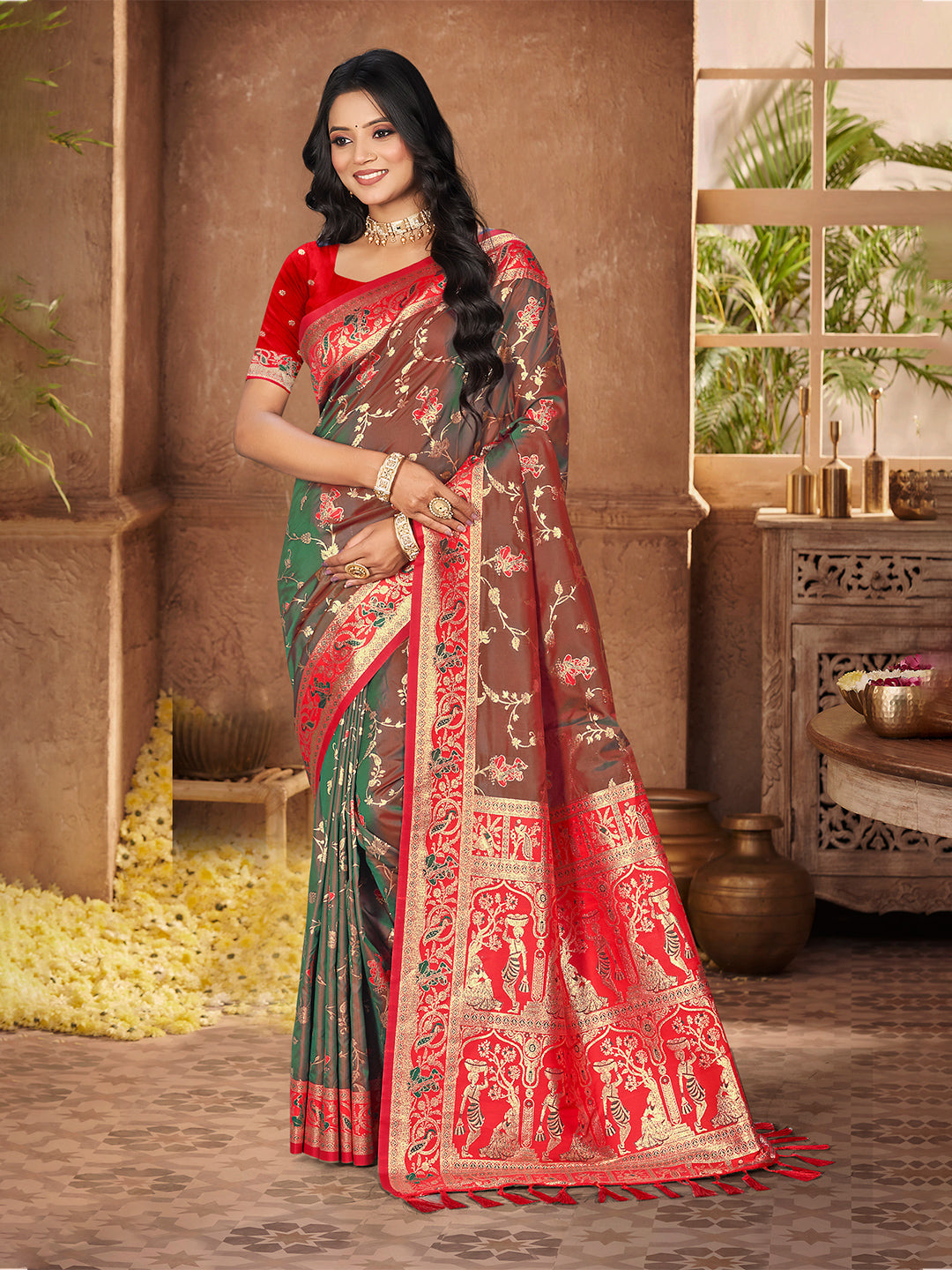 Sangam Prints Brown  Silk Woven Work Traditional Saree