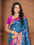 Sangam Prints Peacock Blue Silk Woven Work Traditional Saree