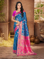 Sangam Prints Peacock Blue Silk Woven Work Traditional Saree