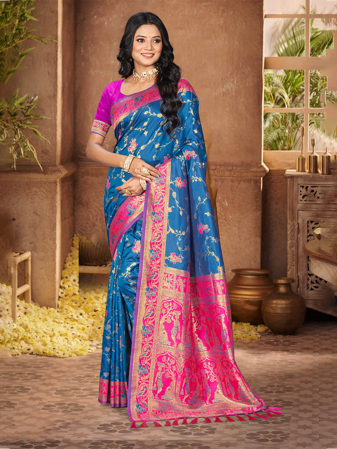 Sangam Prints Peacock Blue Silk Woven Work Traditional Saree