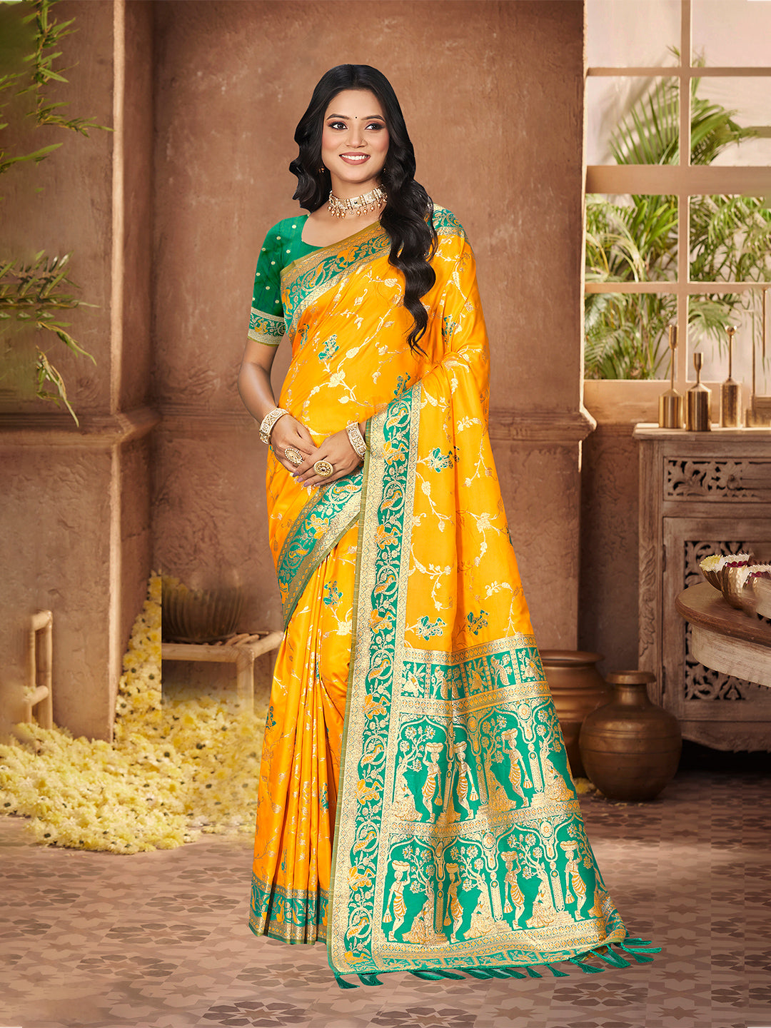 Sangam Prints Yellow Silk Woven Work Traditional Saree - Distacart