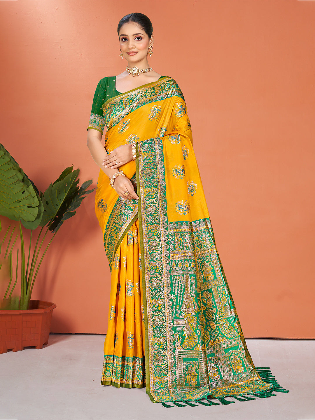 Sangam Prints Yellow Silk Woven Work Traditional Saree - Distacart