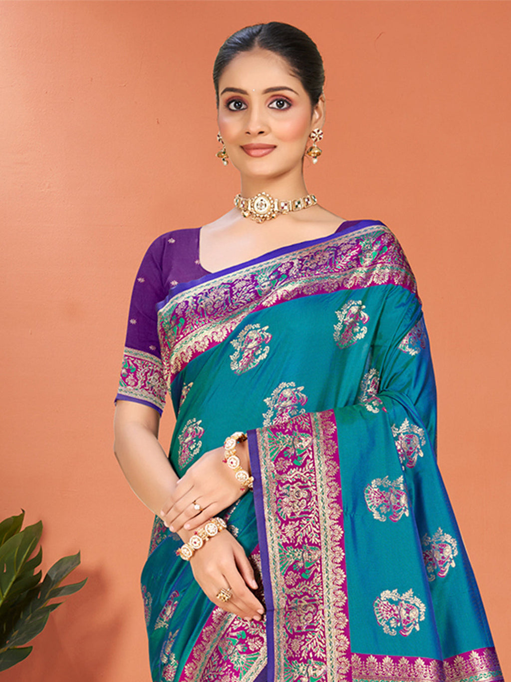 Sangam Prints Teal Blue Silk Woven Work Traditional Saree - Distacart