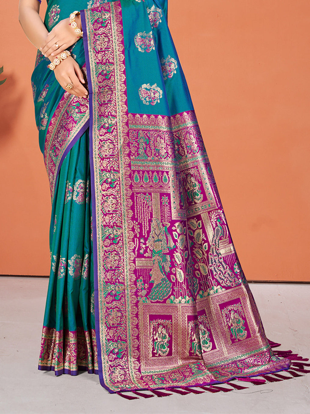 Sangam Prints Teal Blue Silk Woven Work Traditional Saree - Distacart