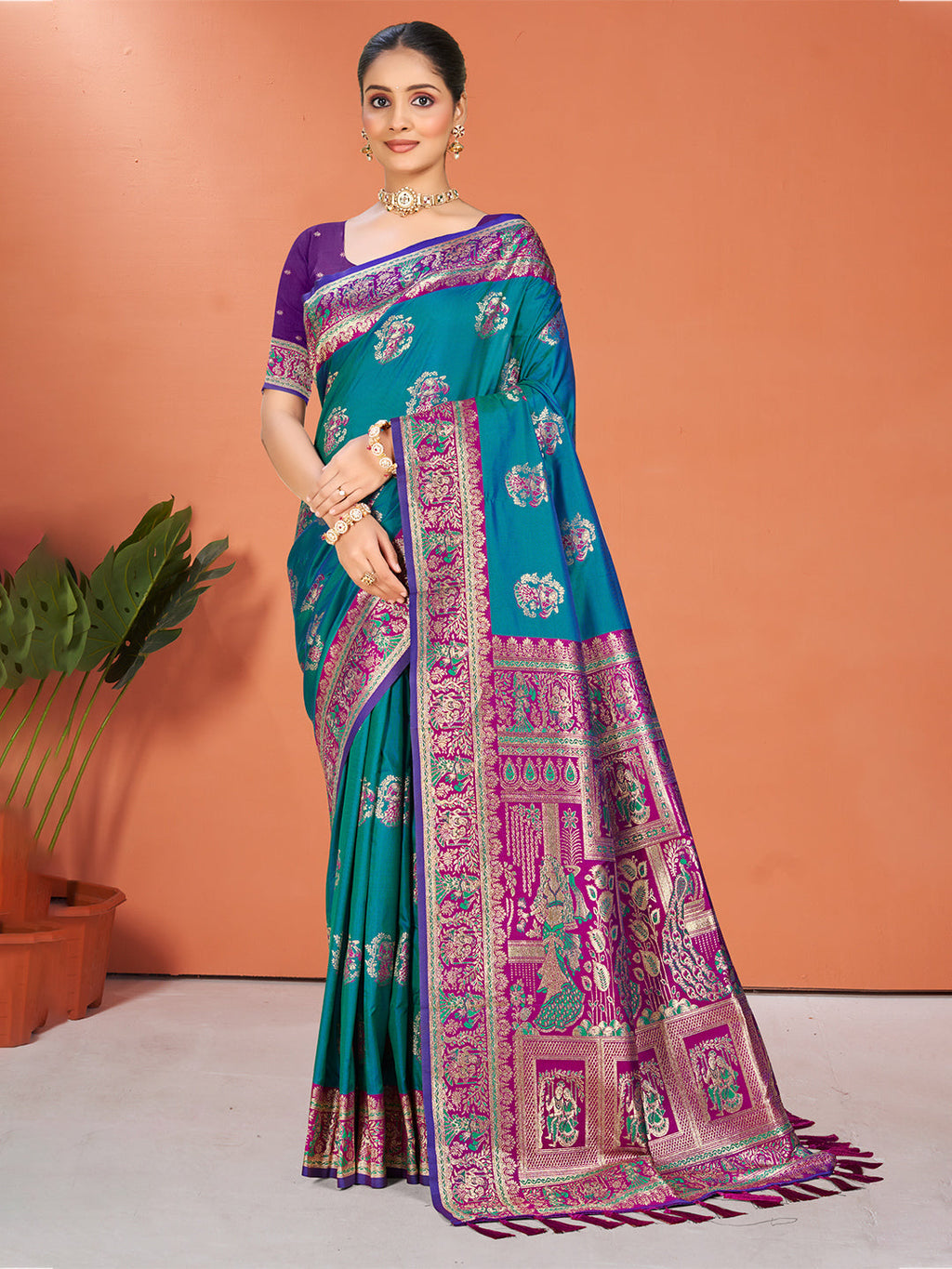 Sangam Prints Teal Blue Silk Woven Work Traditional Saree - Distacart