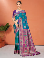 Sangam Prints Teal Blue Silk Woven Work Traditional Saree - Distacart