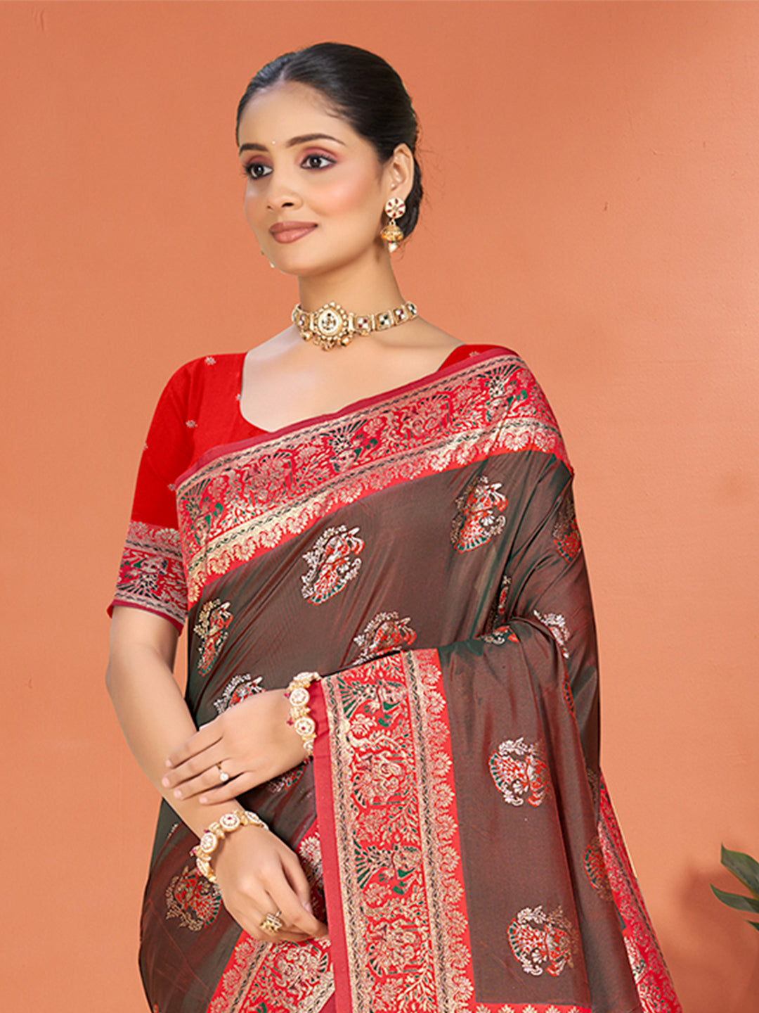 Sangam Prints Brown  Silk Woven Work Traditional Saree - Distacart