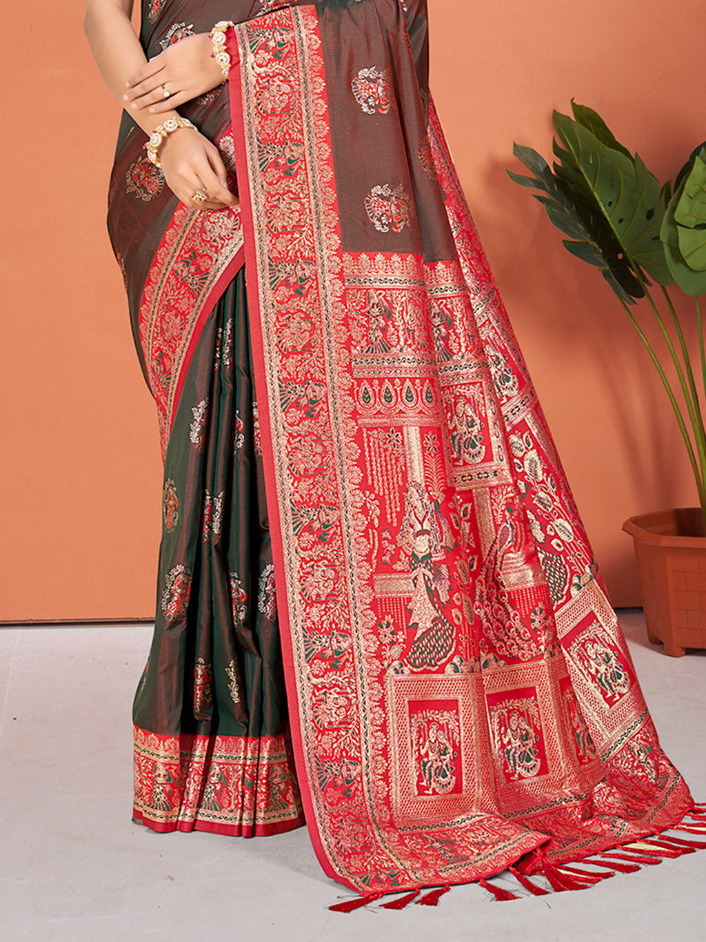 Sangam Prints Brown  Silk Woven Work Traditional Saree - Distacart