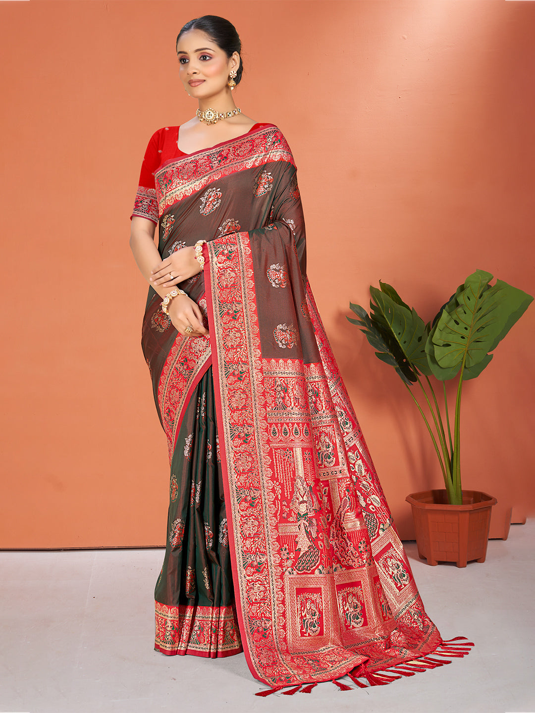Sangam Prints Brown  Silk Woven Work Traditional Saree - Distacart
