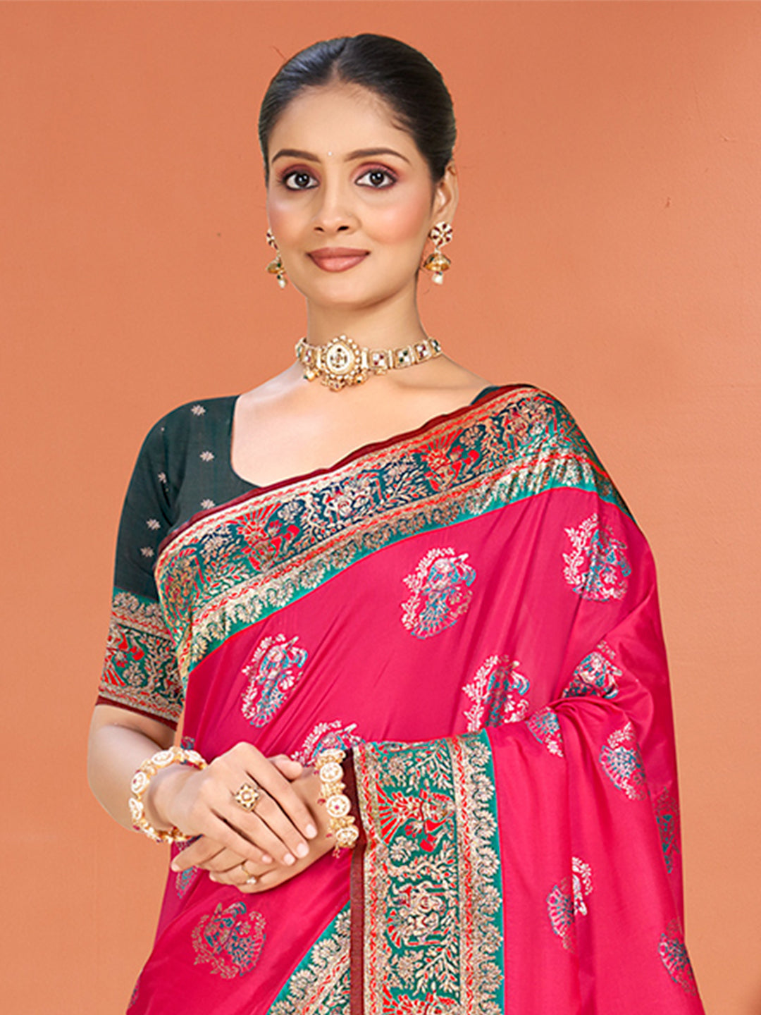 Sangam Prints Rani Pink Silk Woven Work Traditional Saree - Distacart