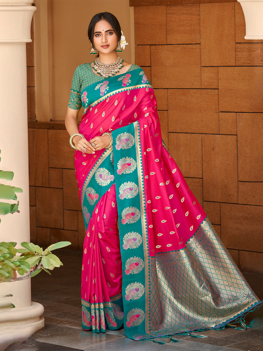 Sangam Prints Dark Pink Silk Woven Work Traditional Saree - Distacart