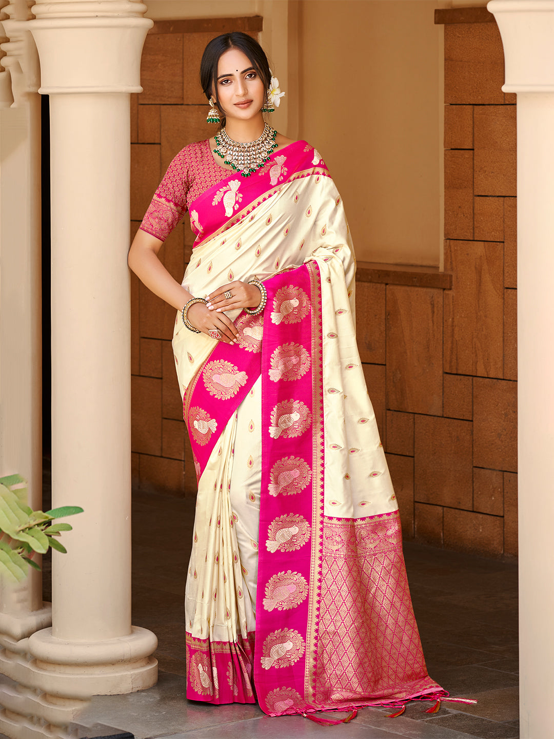 Sangam Prints Beige Silk Woven Work Traditional Saree - Distacart