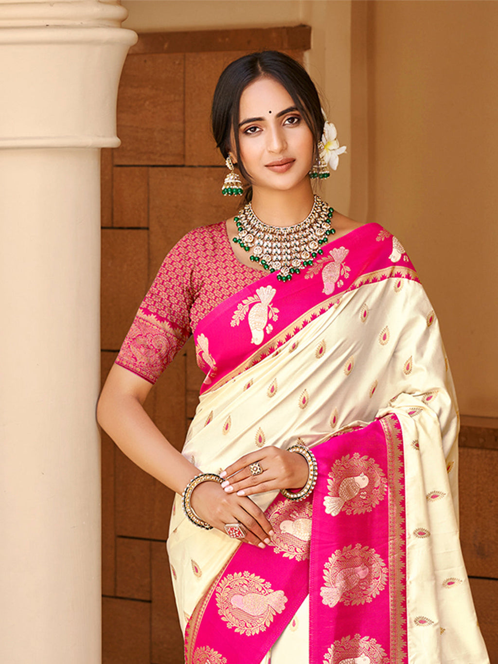 Sangam Prints Beige Silk Woven Work Traditional Saree - Distacart