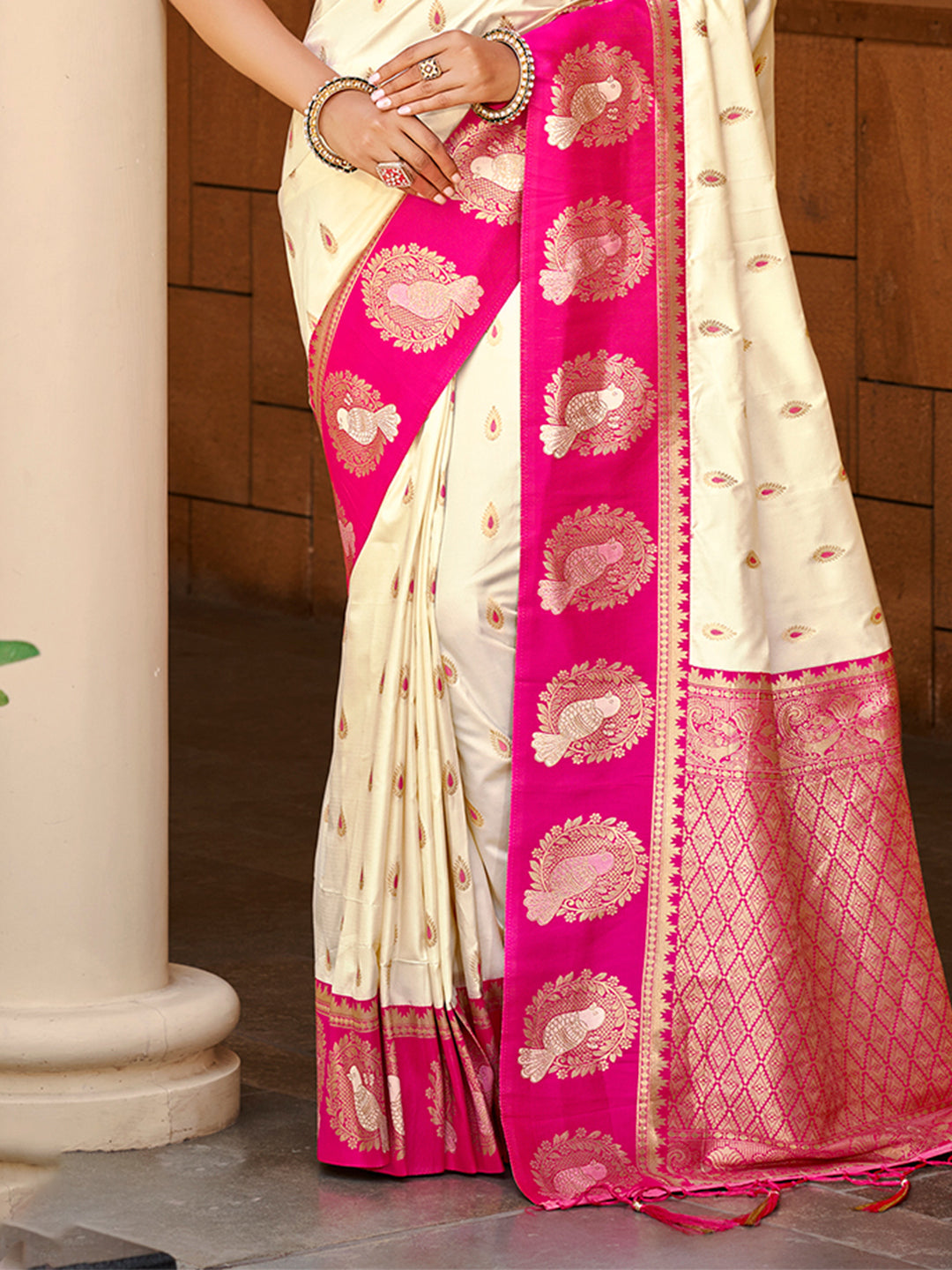 Sangam Prints Beige Silk Woven Work Traditional Saree - Distacart