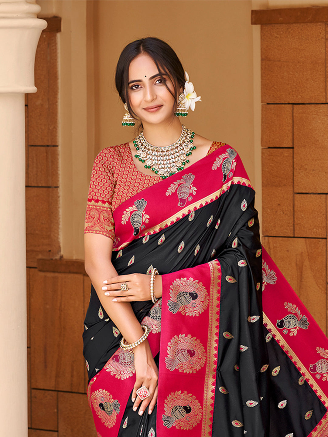 Sangam Prints Black Silk Woven Work Traditional Saree - Distacart