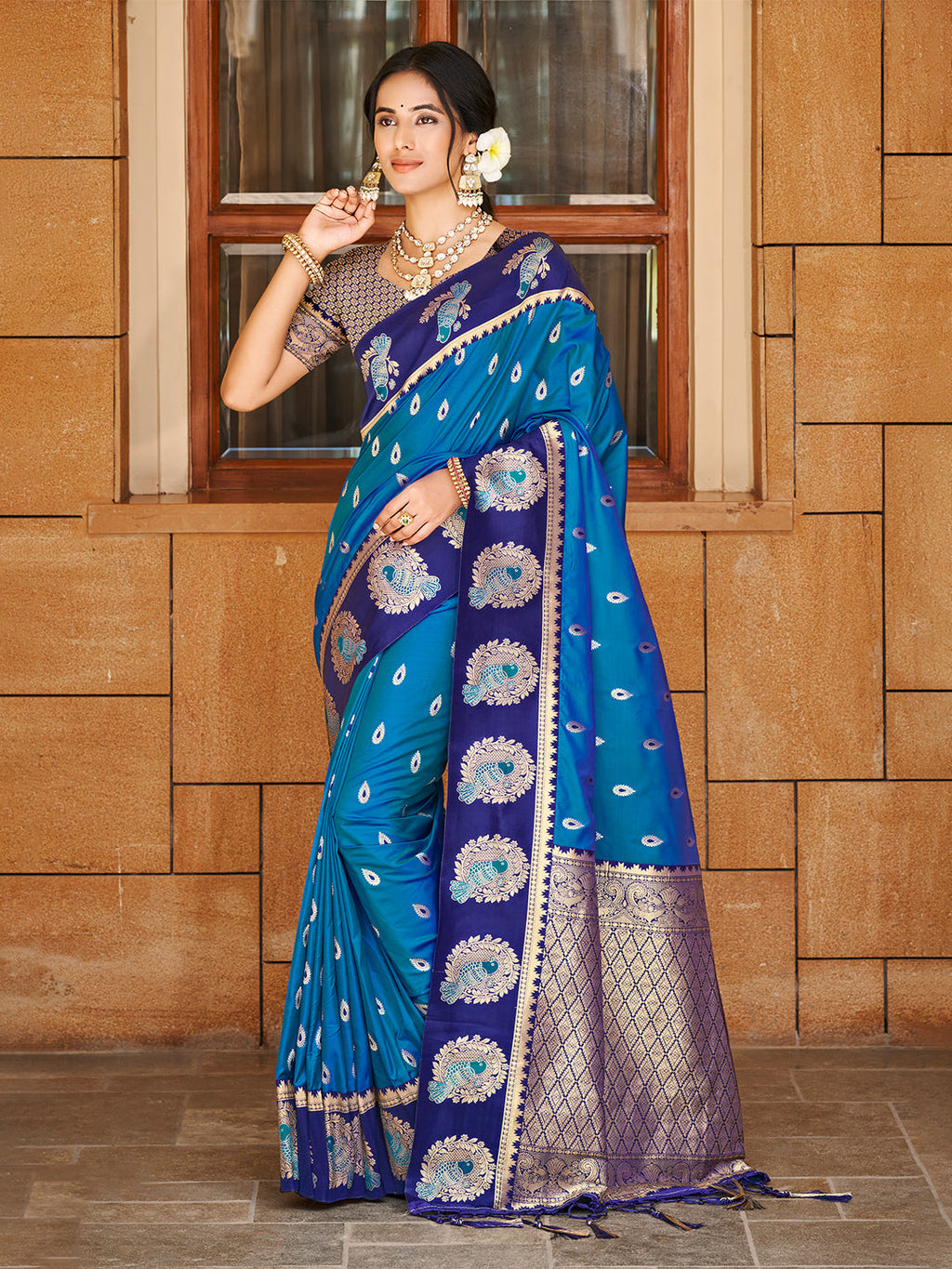 Sangam Prints Blue Silk Woven Work Traditional Saree - Distacart