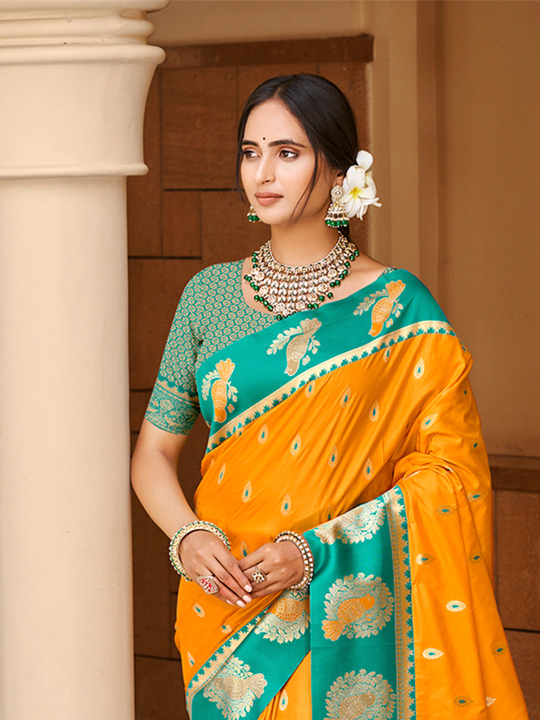 Sangam Prints Yellow Silk Woven Work Traditional Saree - Distacart