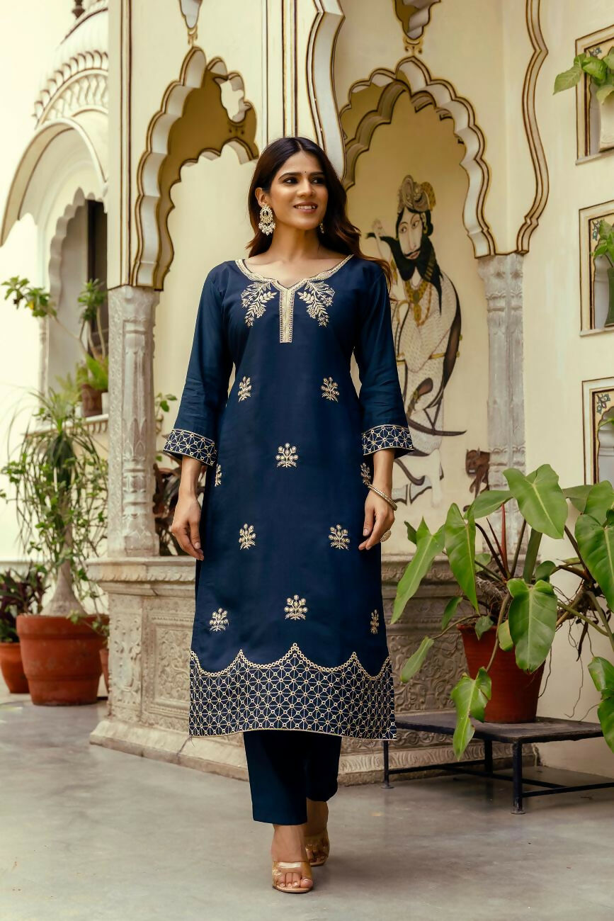 The52 Navy Blue Women's Beautiful Viscose Chanderi Fabric Thread Work Straight Kurta Pant and Dupatta Set - Distacart