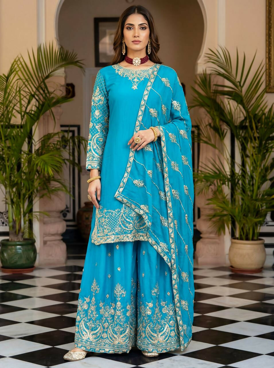 Teeya Creation Sky Chinon Silk Designer Wedding Wear Embroidery Work Palazzo - Distacart