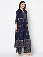 Aniyah Rayon Navy Blue Color Block Print Anarkali Palazzo Set (AN-210K)