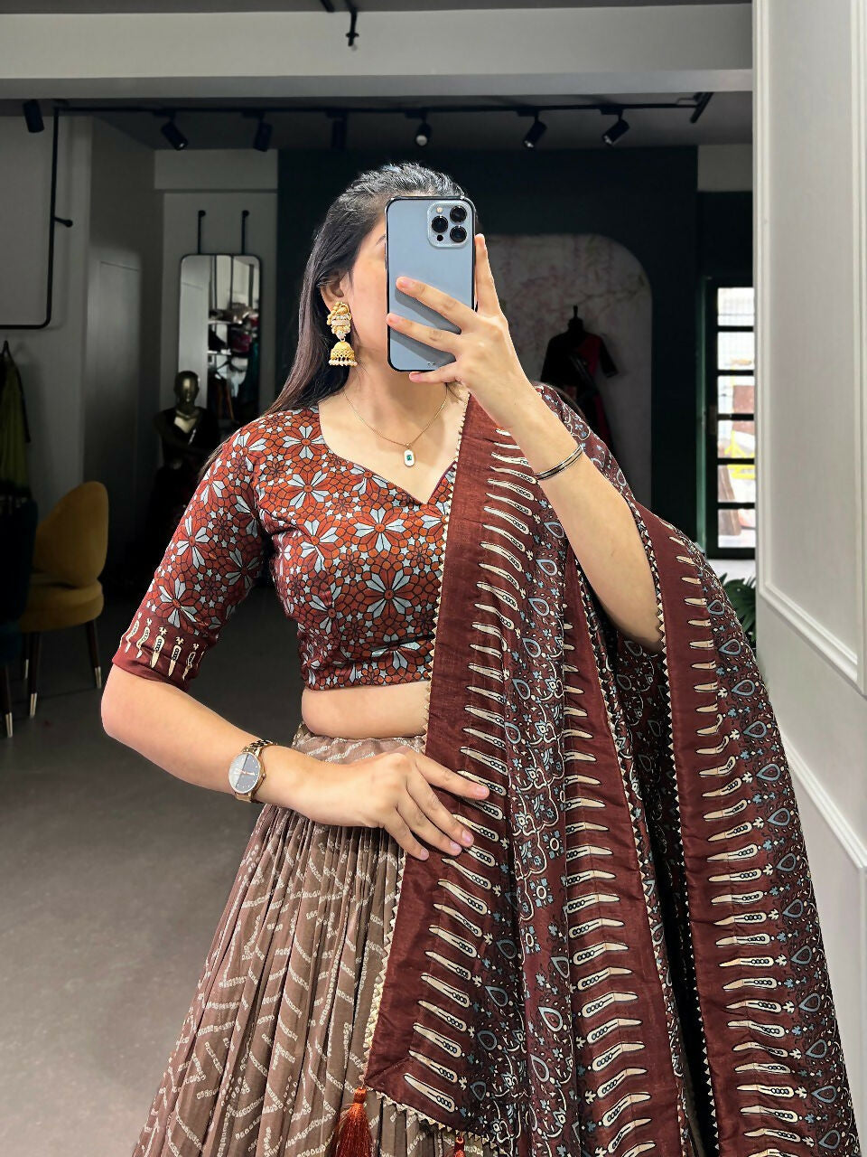 Vastranavya Bandhej And Ajarakh Print Tussar Silk Lehenga Choli - Brown