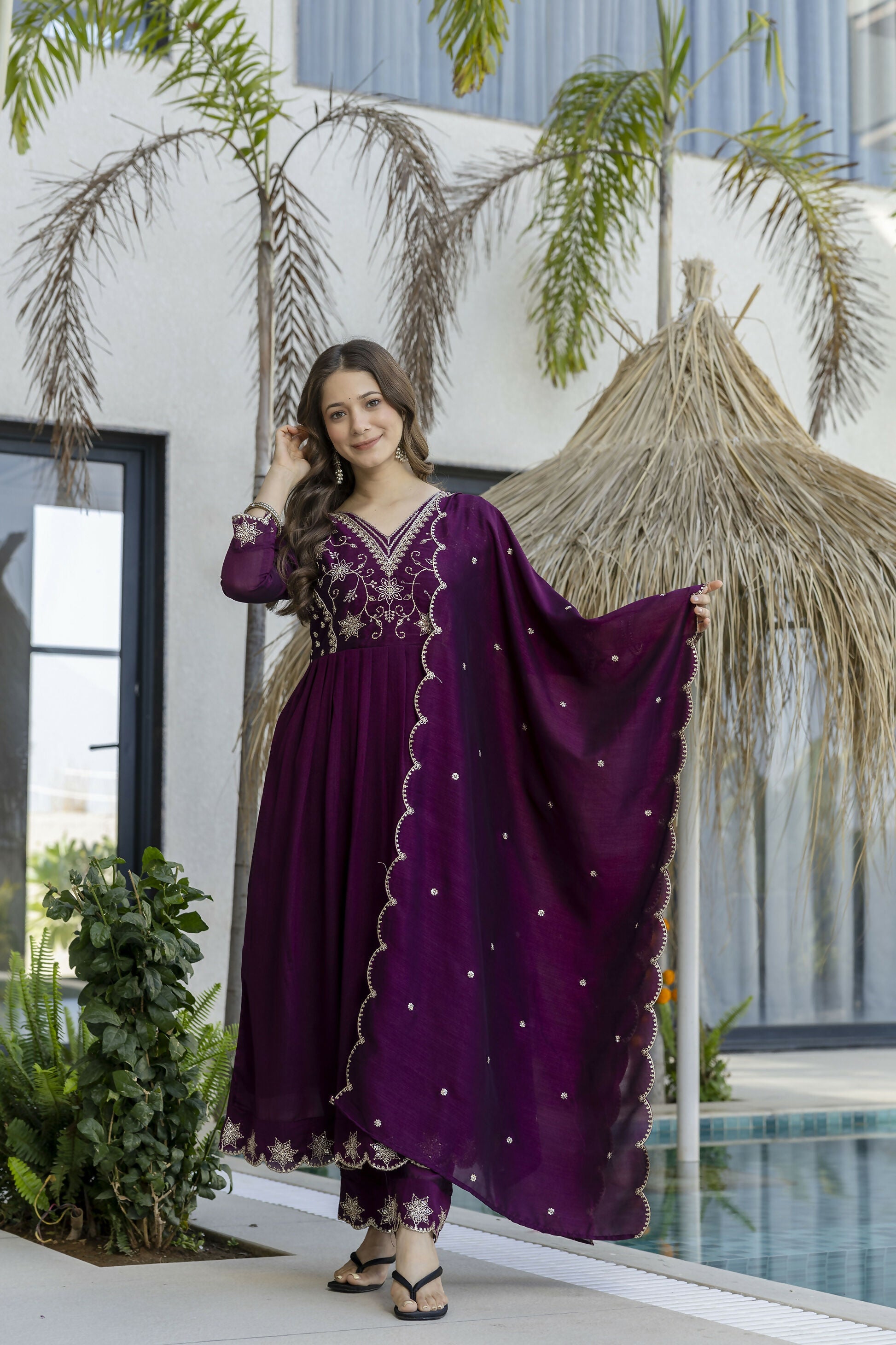 The52 Women's Beautiful Embroidery Work Vichitra Silk Fabric Flared Anarkali Pant and Dupatta Set - Distacart