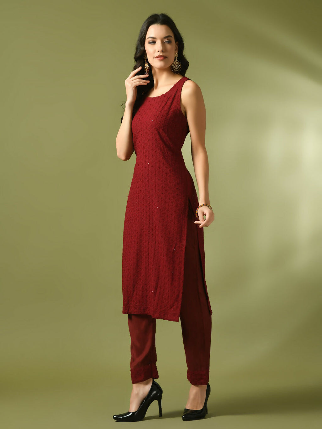 Myshka Women's Maroon Embroidered Cotton Straight Party Kurta Set