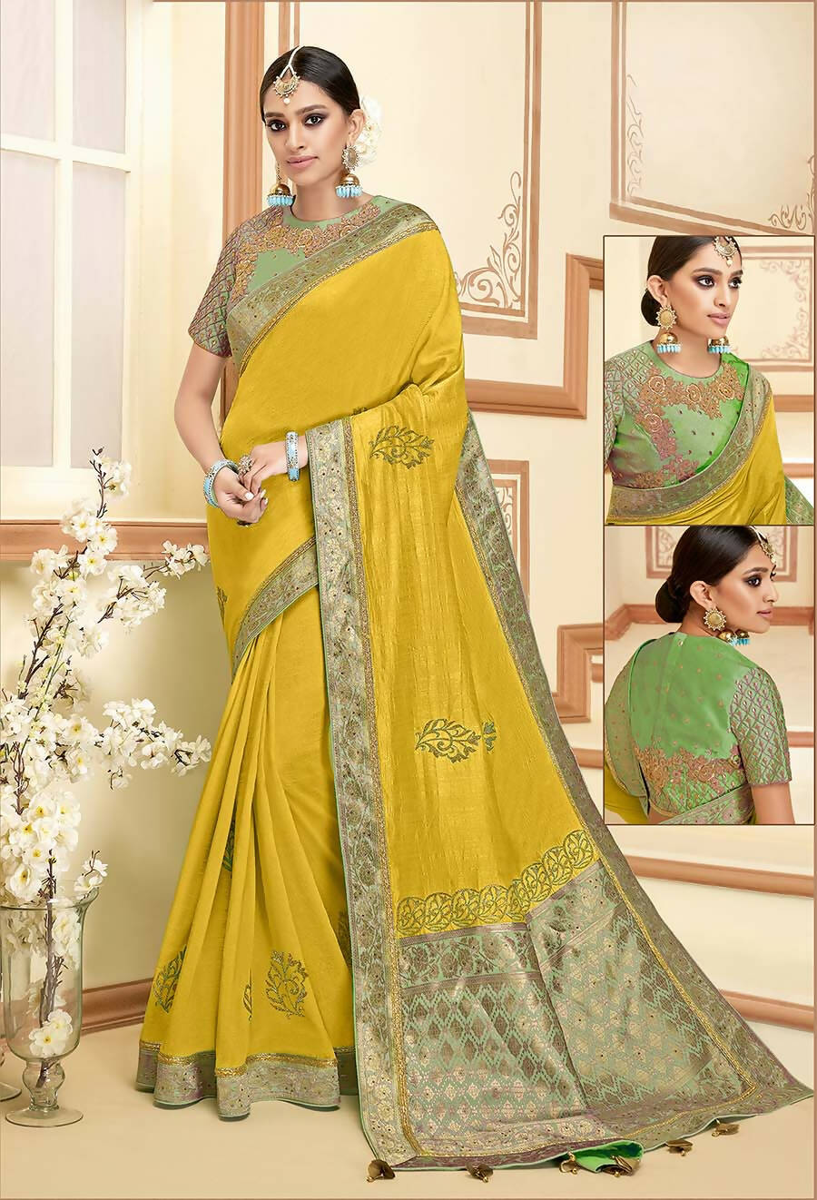 Yellow Silk Zari And Cord Embroidery, Laser Cut Buttas, Tassels Saree - Norita Alankrita
