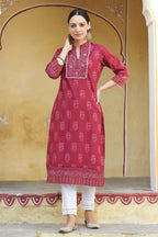 Juniper Women's Marron Cotton Cambric Floral Printed Straight Kurta - Distacart