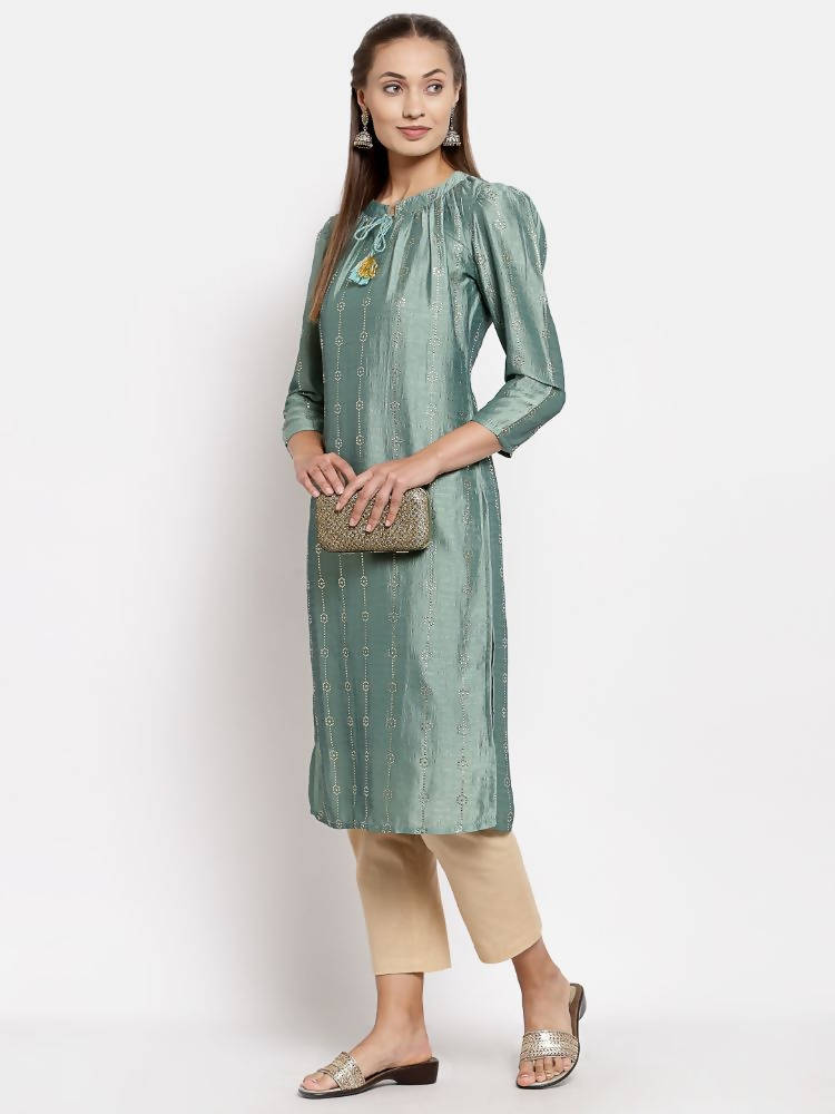 Myshka Women's Green Silk Solid Full Sleeve Round Neck Casual Kurta