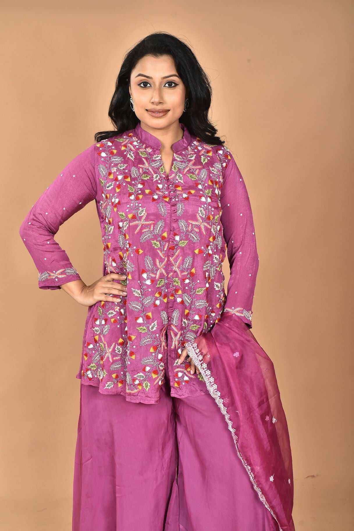 Morchari Women And Hand Embroidery Palazzo Set-Purple