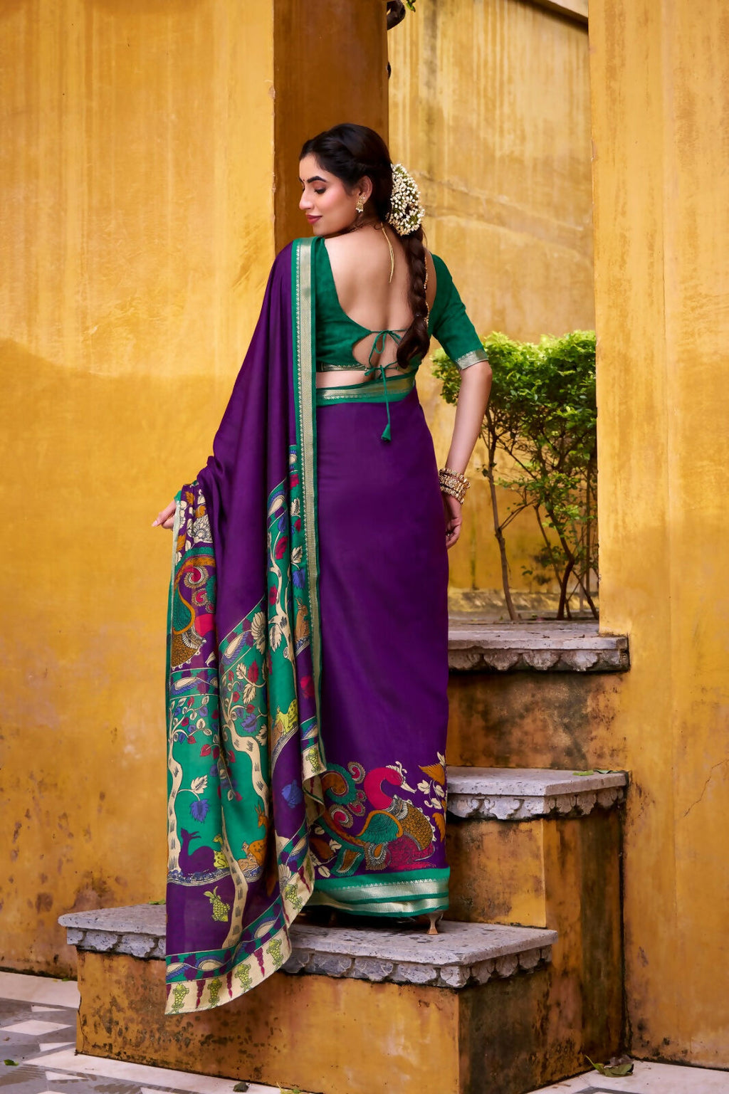 Vastranavya Purple Viscose Chanderi Kalamkari Print with Zari Working Saree & Unstitched Blouse - Distacart