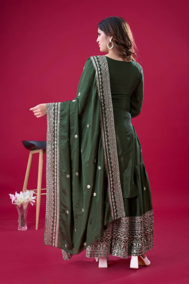 Teeya Creation Green Colour Chinnon Silk Heavy Embroidery Work Fully Stitched Salwar Suit - Distacart