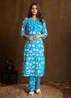 Prazu Fashion Sky Blue Printed Cotton Blend Kurta Pant Set - Distacart