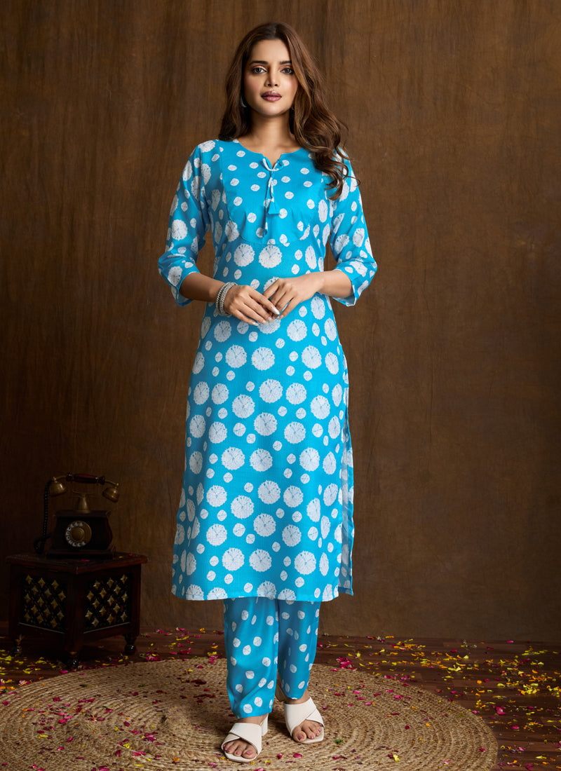 Prazu Fashion Sky Blue Printed Cotton Blend Kurta Pant Set - Distacart