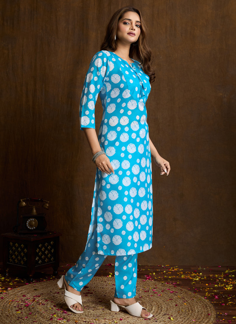 Prazu Fashion Sky Blue Printed Cotton Blend Kurta Pant Set - Distacart