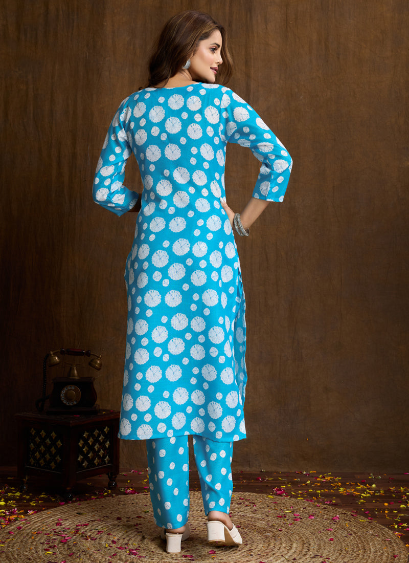 Prazu Fashion Sky Blue Printed Cotton Blend Kurta Pant Set - Distacart