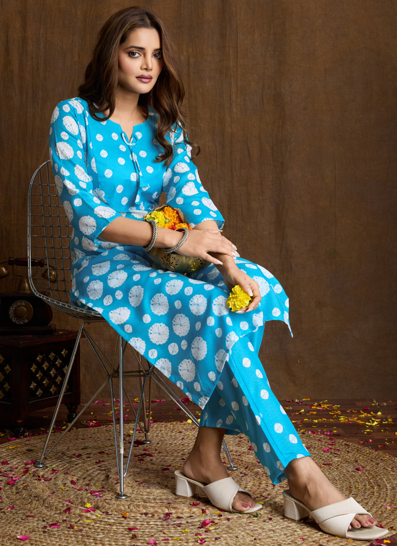 Prazu Fashion Sky Blue Printed Cotton Blend Kurta Pant Set - Distacart