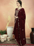 Jyoti Fashion Women's Maroon Velvet Cording with Resham Thread & Sequin Kurta with Trouser & Dupatta