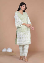 Miravan Women's Green Embroidery Chikankari Kurta And Palazzo