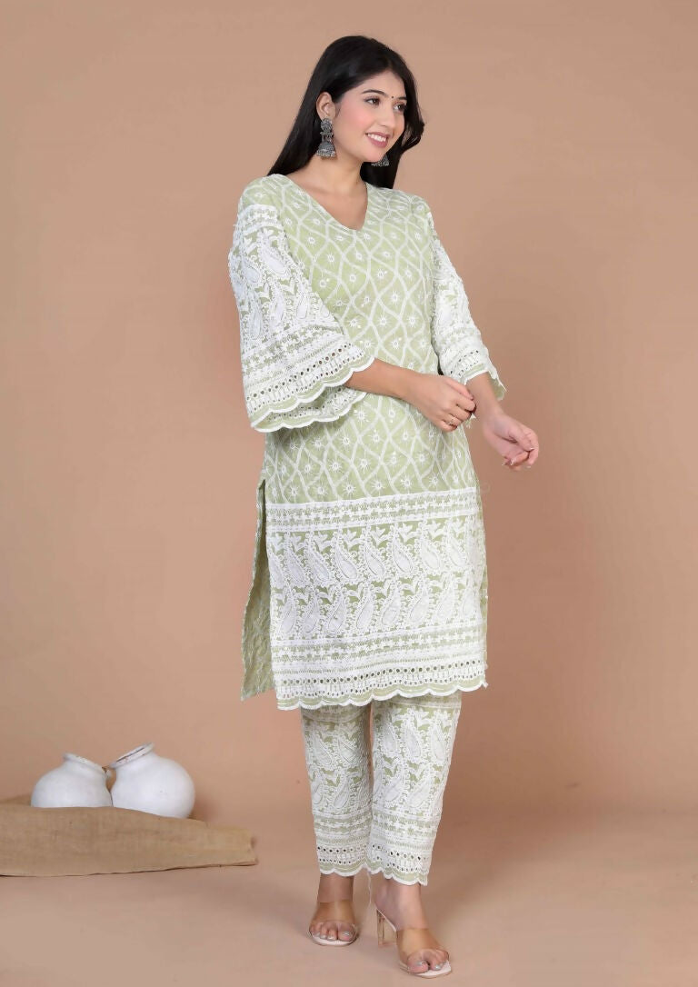 Miravan Women's Green Embroidery Chikankari Kurta And Palazzo