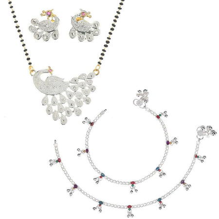AanyaCentric Gold-Polished Mangalsutra Pendant Earring Set & Silver Plated Anklet