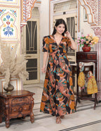 Miravan Women's Pure Cotton Black And Orange Puff Sleeve Floral printed Butterfly Maxi Dress - Distacart