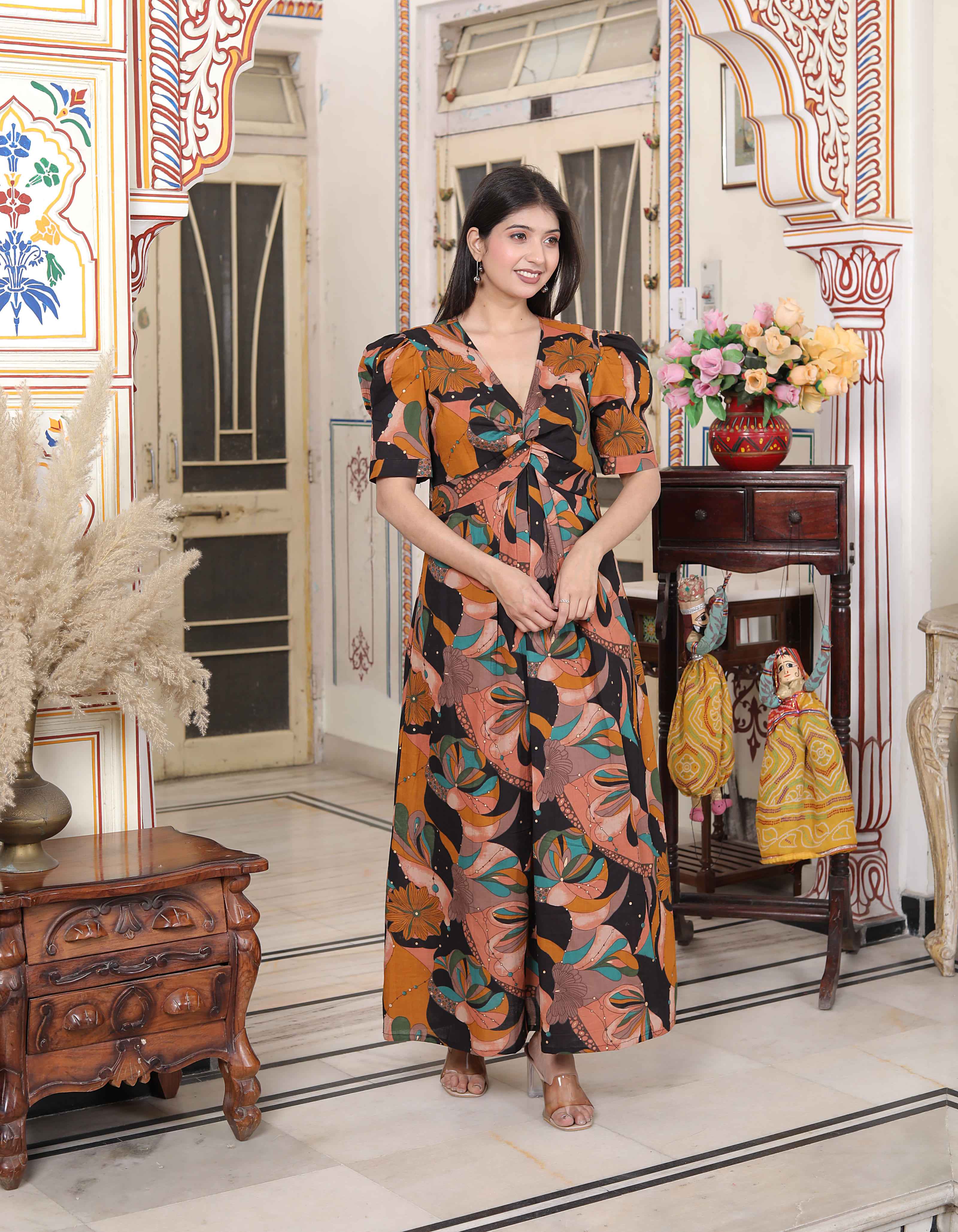 Miravan Women's Pure Cotton Black And Orange Puff Sleeve Floral printed Butterfly Maxi Dress - Distacart