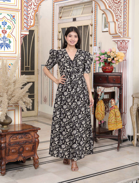Miravan Women's Pleated Puff Sleeve Floral Pure Cotton Black And White Butterfly Maxi Dress