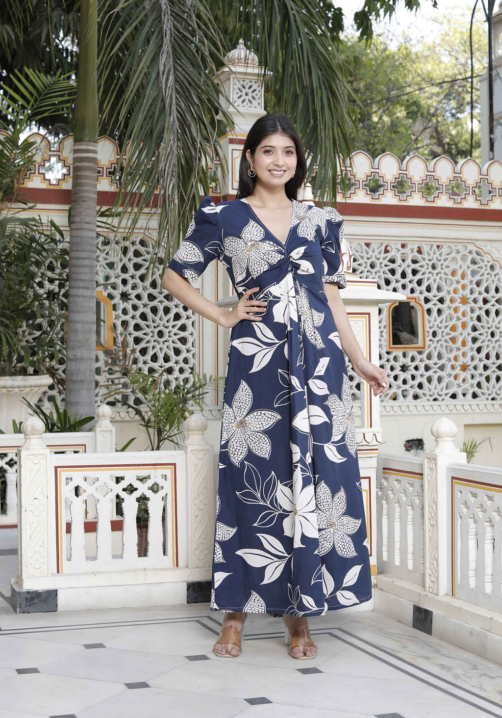 Miravan Women's Blue Flower Printed Puff Sleeve Pure Cotton Fit V Neck Butterfly Middi Dress - Distacart